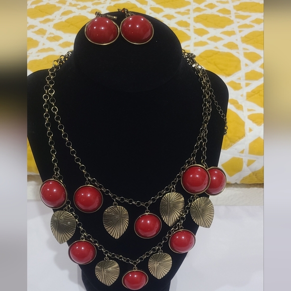 Antique Gold and Red Leaf Necklace and Earring Set-NEW - Picture 2 of 6